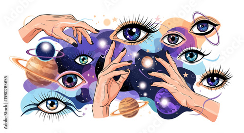 Hands touching colorful eyes closely.