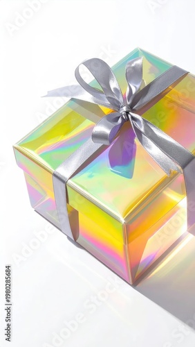 A shimmering, iridescent gift box wrapped in holographic paper and secured with a silver ribbon creates a visually striking and celebratory presentation against a clean white background.