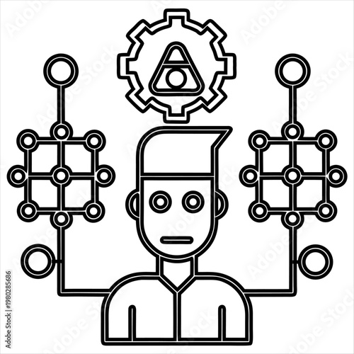Human brain connected to neural networks and a gear symbolizing artificial intelligence integration.