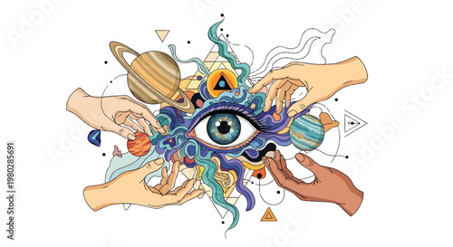 All seeing eye with hands around.
