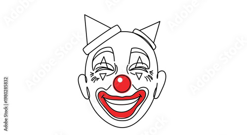 Happy Clown Face with Red Nose and Party Hat - Line Art Illustration