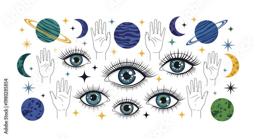 Eyes with long eyelashes and hands.