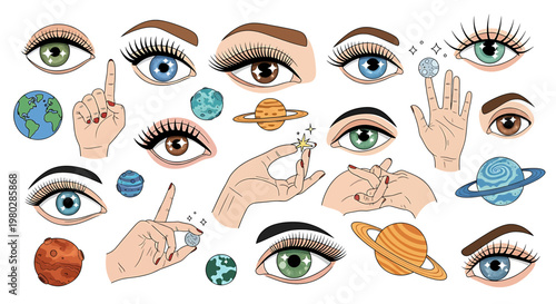 Eyes and hands with planets and space.