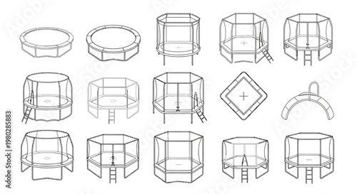 Diagram showing various stages of trampoline assembly from frame to fully enclosed jumping surface