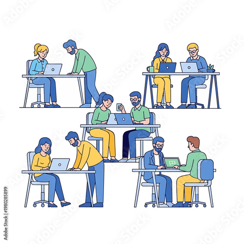 People working on laptops together office.