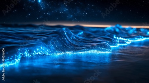 bioluminescent island shoreline at night, glowing blue waves, generative ai