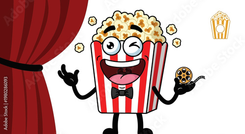 Happy Popcorn Character with Film Reel and Red Curtain - Movie Night Fun