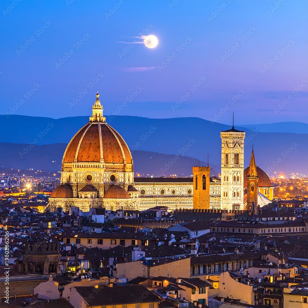 Fototapeta premium A serene cityscape at dusk with a large illuminated dome and tower