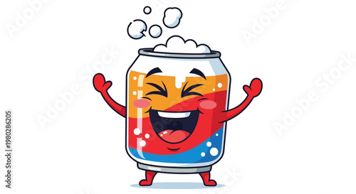 Happy Soda Can Character with Bubbles and Arms Raised