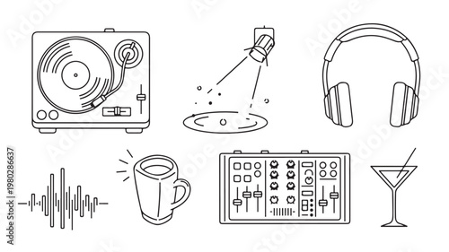 DJ Equipment Setup With Headphones Turntable Mixer And Cocktail For Nightlife Concepts