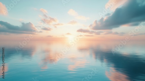 calm island lagoon at sunrise, mirror-like reflections, pastel sky tones, generative ai