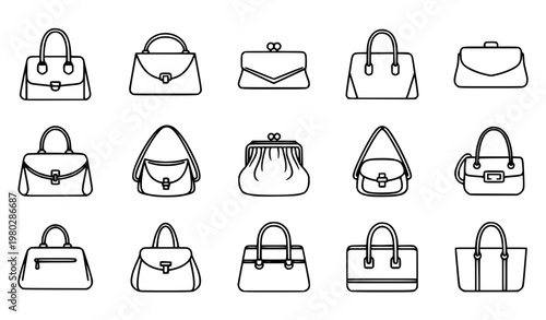 Women bags outline icons black and white vector set with handbag and clutch symbols