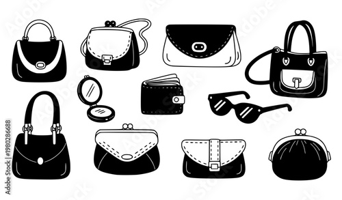 Women bags cartoon icons black and white vector set with handbags and clutches fashion collection