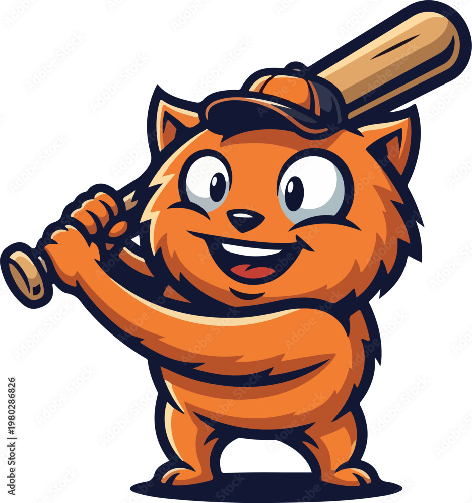 Naklejka premium Cute Cat Baseball Player Mascot Vector Illustration, Sporty Kitten Character with Bat and Cap