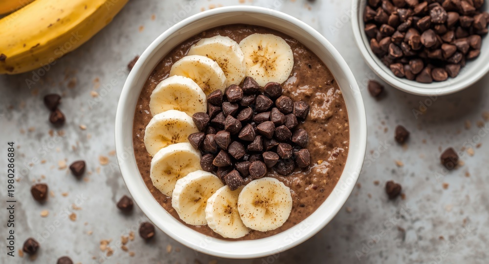 Fototapeta premium Tasty bowl of chocolate oatmeal porridge topped with sliced bananas and chocolate chips plus copy space