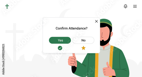 Muslim man confirms attendance on a digital screen, thumbs up, green attire