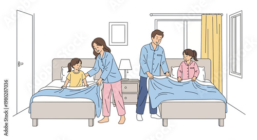 Parents tucking in children in beds, bedtime routine, family love, cozy bedroom scene