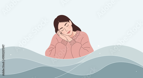 Peaceful woman sleeping on water, serene dream, calm mind, gentle waves, pastel colors