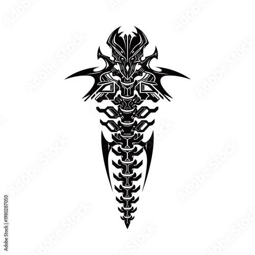 Intricate black and white tribal-style spine design with sharp, segmented details.