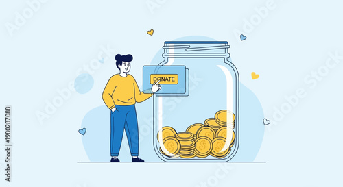 Person Donating Coins to Large Glass Jar for Charity or Savings