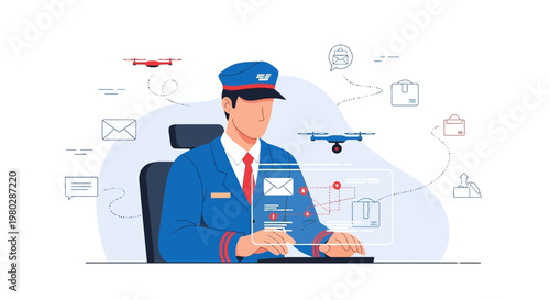 Postman with drone delivery interface, futuristic logistics and smart mail service concept