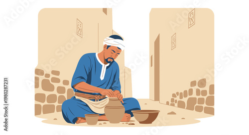 Potter crafting clay pot in traditional village street, artisan hands shaping earthenware
