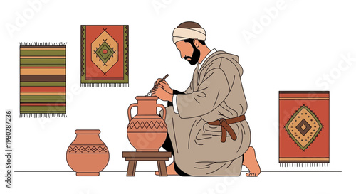 Potter crafting clay jug, surrounded by colorful woven rugs and pottery, traditional art