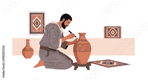 Potter crafting intricate design on clay vase, traditional artisan workshop