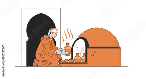 Potter placing ceramic pots into a traditional kiln for firing, artisanal craft