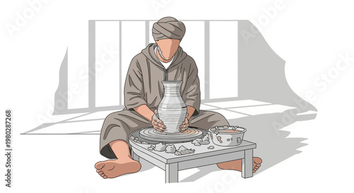 Potter shaping clay on a wheel, creating a vase in a sunlit studio