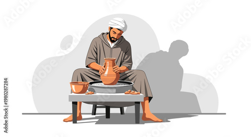 Potter working on a spinning wheel, crafting a clay vase, traditional artisan skill