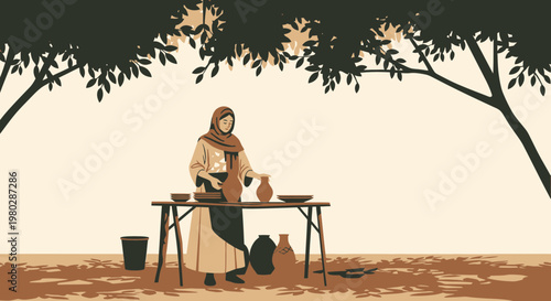 Potter woman crafting clay pots under a tree, traditional pottery making, artisan work