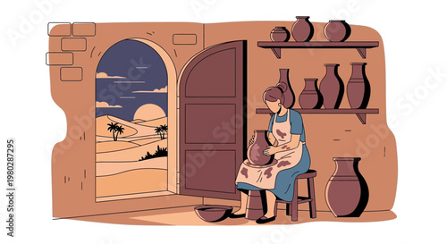 Potter working on a clay pot in a workshop with desert landscape view