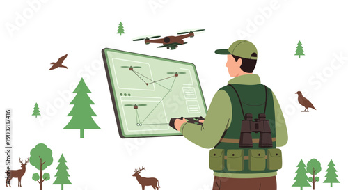 Ranger uses drone and tablet for wildlife monitoring in forest with deer and birds