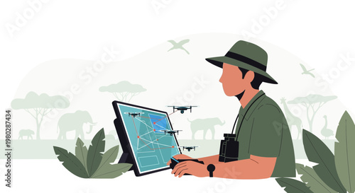 Ranger uses drone technology for wildlife conservation and monitoring in savanna