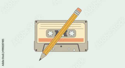 Retro cassette tape with pencil, symbolizing music creation, songwriting, or nostalgia for analog sound.