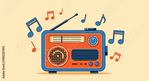 Retro Radio Playing Music, Vintage Entertainment Device with Musical Notes