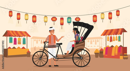 Rickshaw driver and passenger at a vibrant street market with colorful stalls and lanterns
