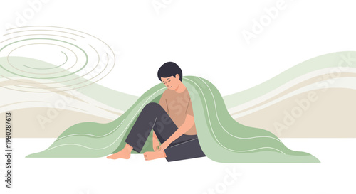 Sad person sitting under a green blanket, feeling lonely and depressed, mental health concept