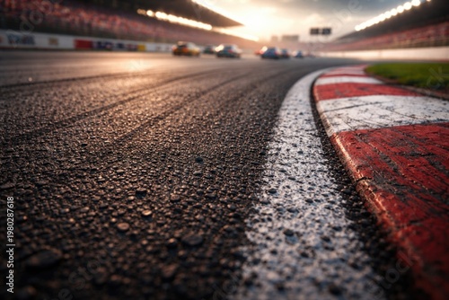Detailed close up of textured asphalt race track surface highlighting the dynamic motorsport racing event