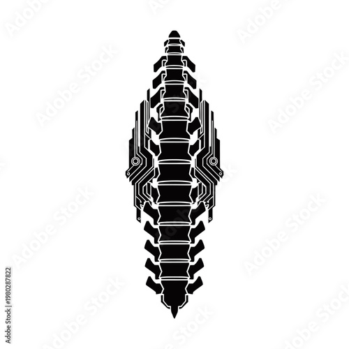 Stylized black and white illustration of a futuristic spine or segmented mechanical structure with intricate geometric details.