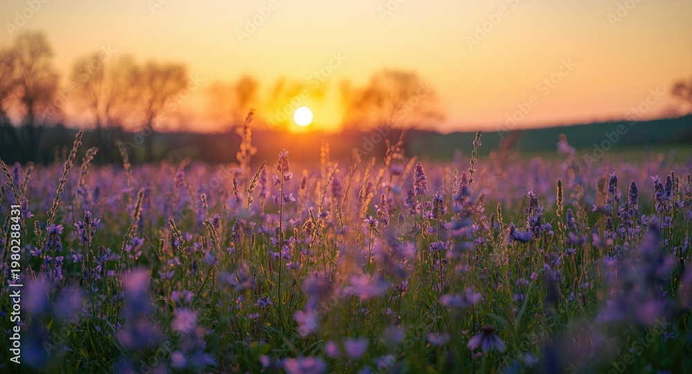 Naklejka premium Spring rural scenery focusing on a flowering purple meadow during sunrise hours