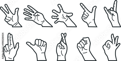Vector Line Art Set of Hand Gestures, Counting Fingers, and Sign Symbols