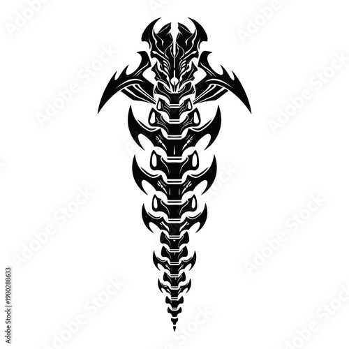 Intricate black and white tribal spine design with sharp, biomechanical details and symmetrical abstract patterns.