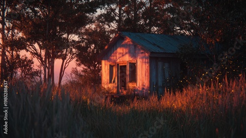 An abandoned, crumbling cabin sits in the heart of an overgrown field as a setting sun bathes the scene in warm golden light. A broken window reveals flickering shadows and firelike glow inside, whil