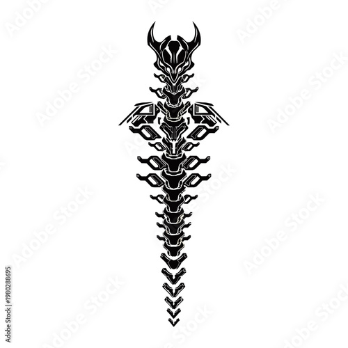 A stylized black and white graphic design resembling a spine or a sword with tribal and gothic elements, featuring horn-like protrusions at the top.