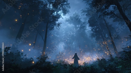 An ethereal twilight forest scene centers a solitary cloaked figure with arms outstretched, surrounded by mist and drifting embers that rise and morph into whispering shadows. Dim beams of light pier