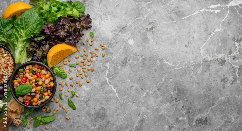 Naklejka premium Top view of colorful vegan detox food with fresh leafy greens and grains on grey textured marble surface