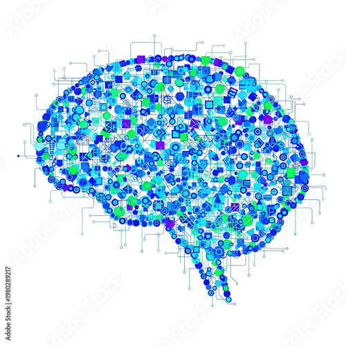 Brain made of small colorful pixels.