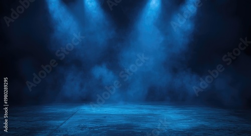 Stage with concrete floor and dark blue neon backdrop in smoky studio setting